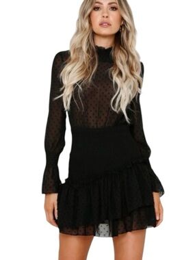 Hello Molly Smocked Sheer Mini Dress XS Swiss Dot Party Holiday Evening